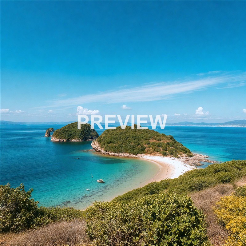 The image features a scenic view of a small, lush green island with a sandy beach, surrounded by clear blue waters under a bright sky with some clouds.